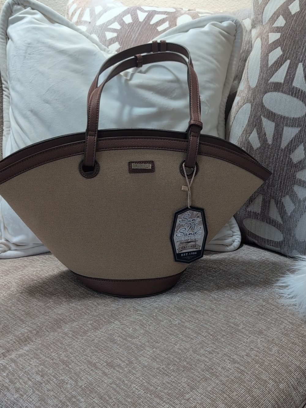 Canvas Tote with Brown Leather Trim - Sand & Brown Brand New